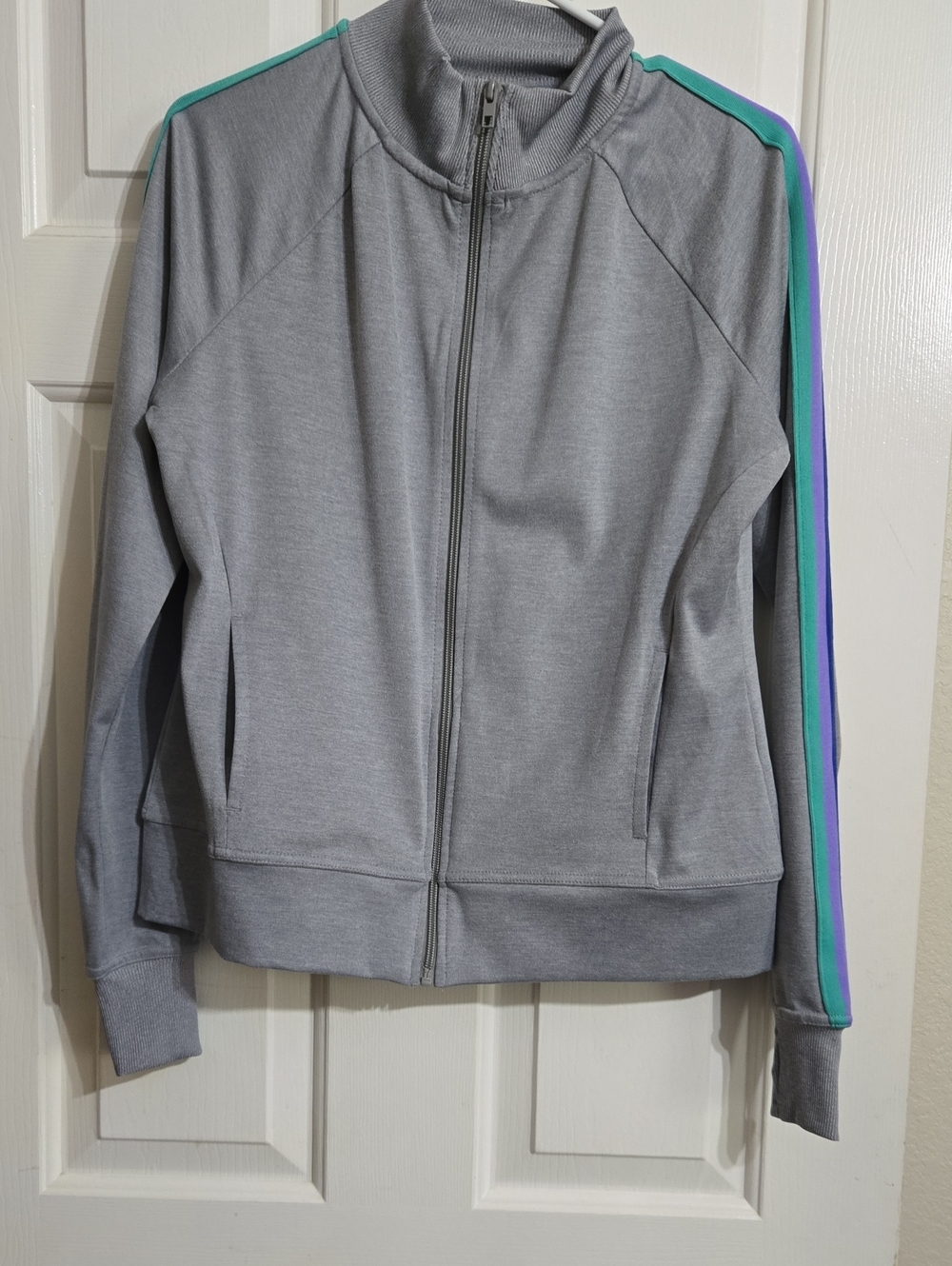 Athletic Works Gray Track Jacket with Teal & Purple Stripes